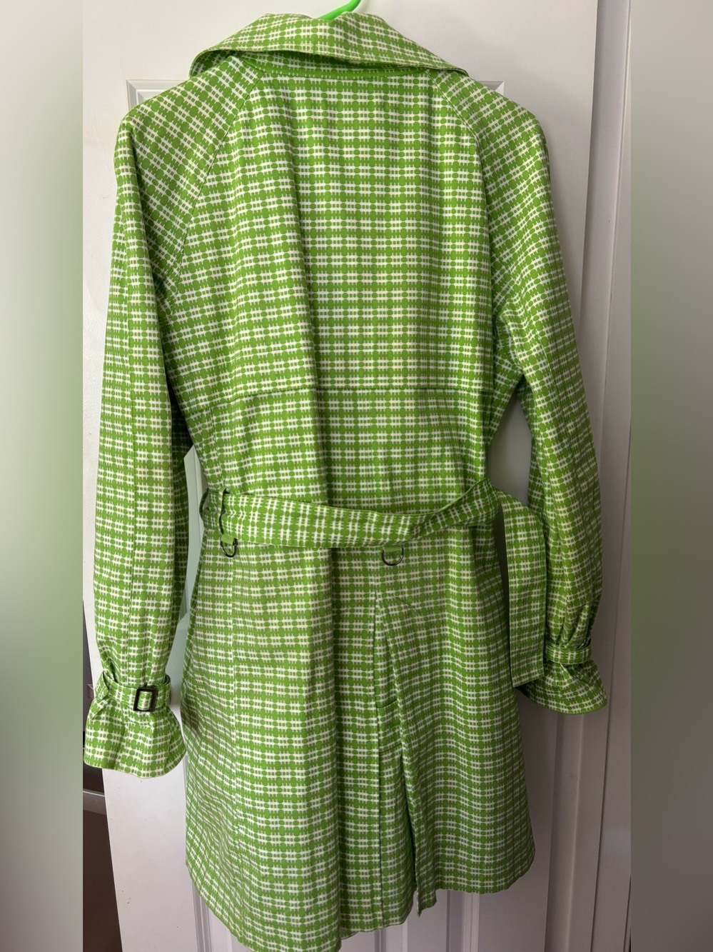 London Fog Lime Green & White Plaid Neon Bright Trench Coat Size L - HTF, EUC! - Picture 5 of 9